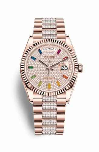 Rolex Day-Date 36 Everose Gold / Fluted / Paved-Rainbow / President-Diamond 128235-0040 (M128235-0040)